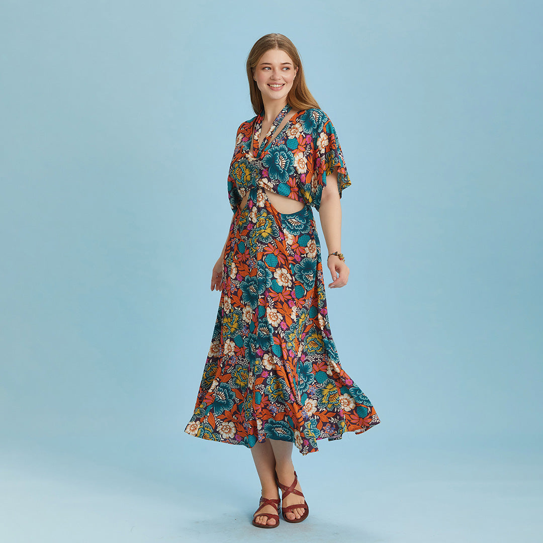 Boho Chic Style Floral Printed Cut Out Plus Size Dress