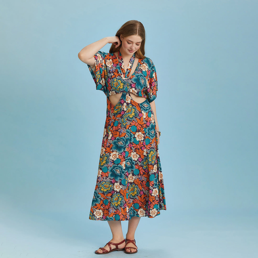 Boho Chic Style Floral Printed Cut Out Plus Size Dress