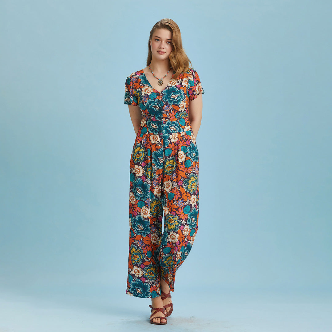 Half Sleeve Floral Patterned Plus Size Jumpsuit