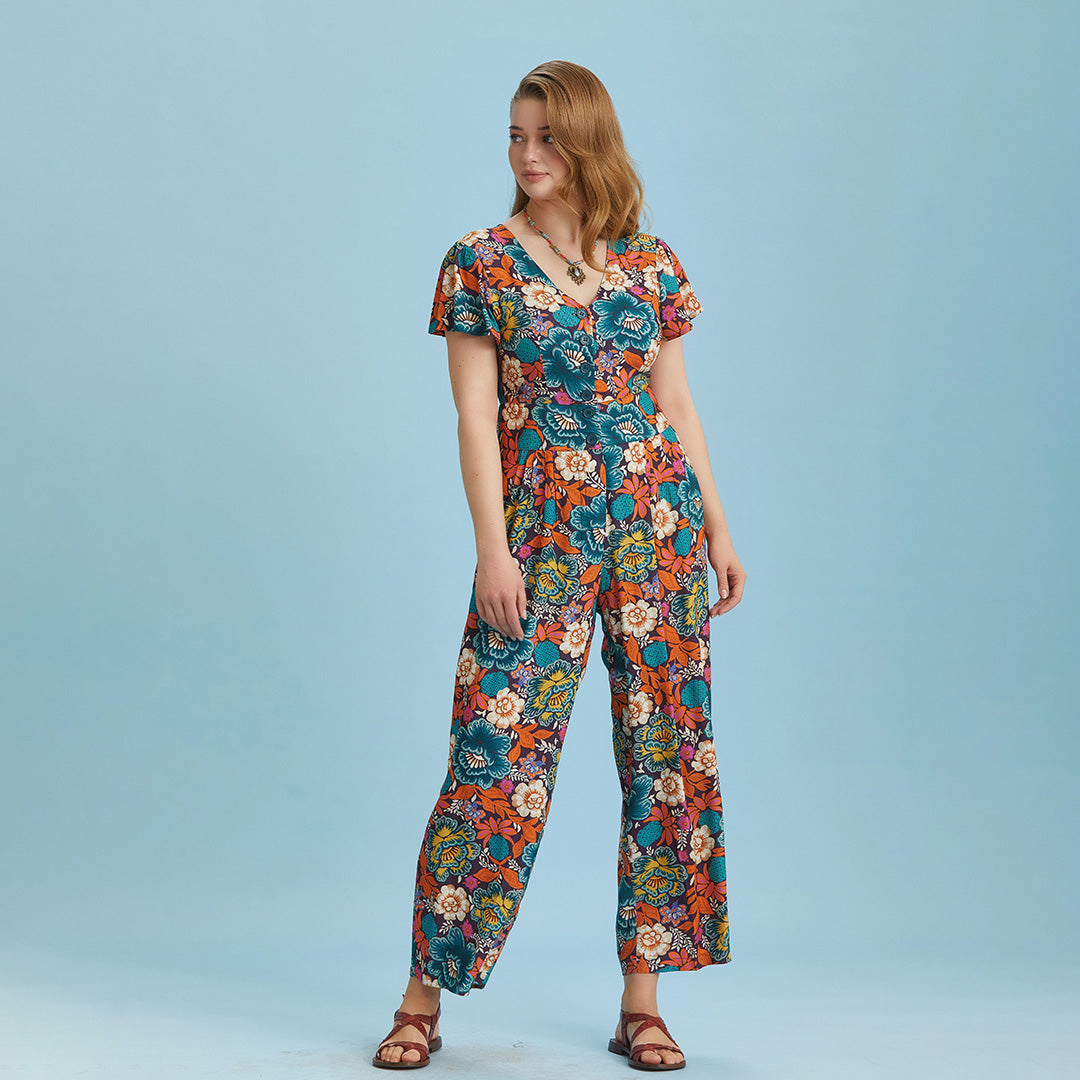 Half Sleeve Floral Patterned Plus Size Jumpsuit