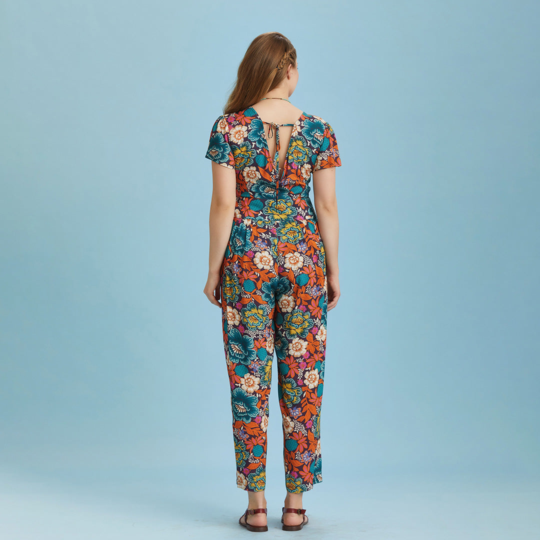 Half Sleeve Floral Patterned Plus Size Jumpsuit