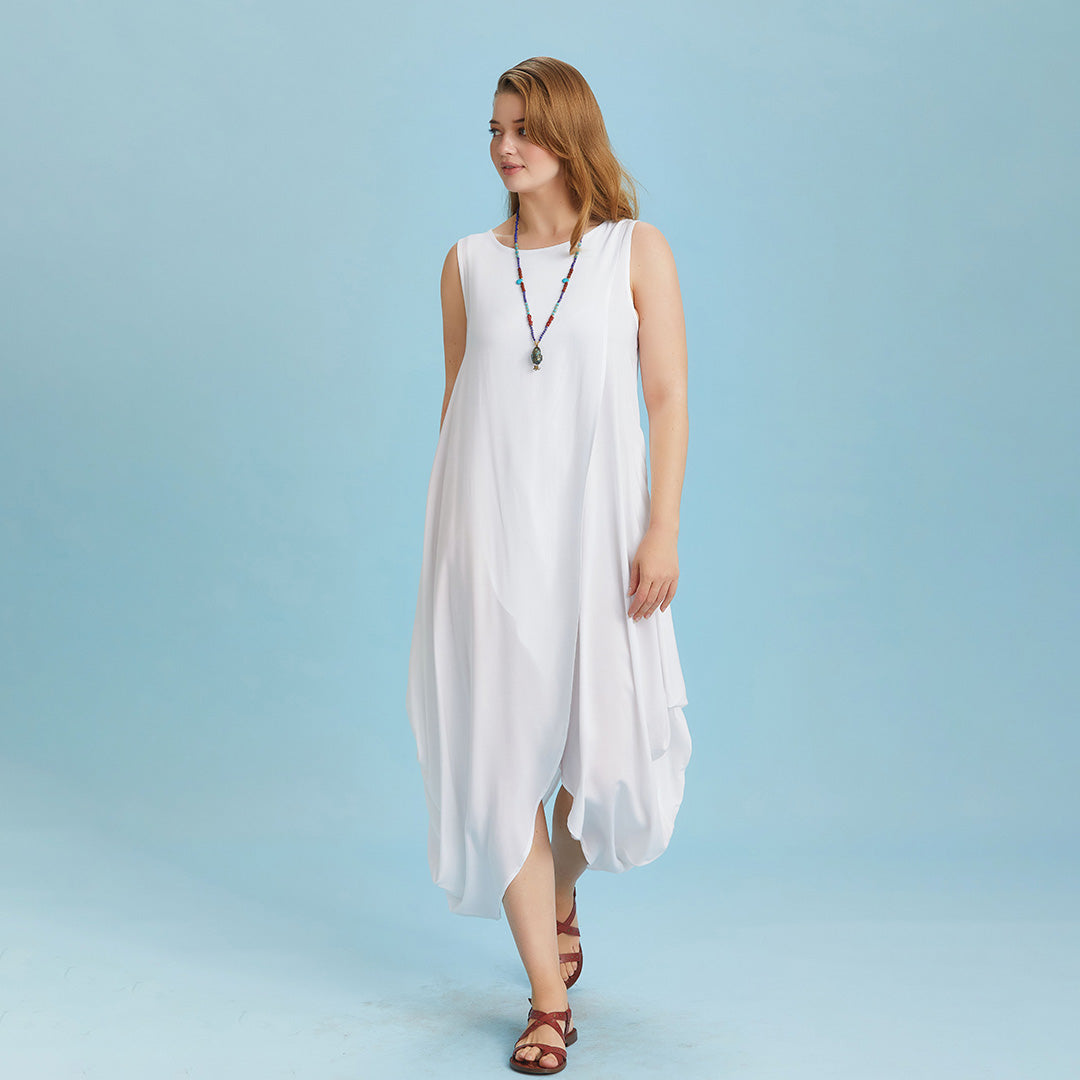 Sleeveless Front Layered White Baggy Plus Size Dress