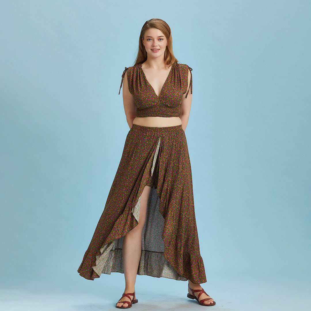 Split Front Frill Hem Print Long Gypsy Plus Size Skirt