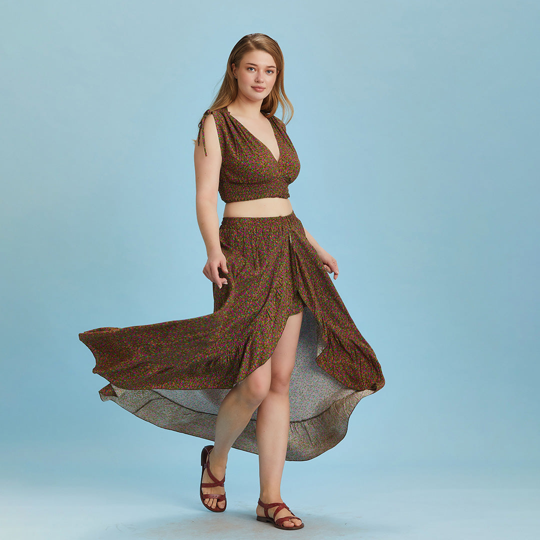 Split Front Frill Hem Print Long Gypsy Plus Size Skirt
