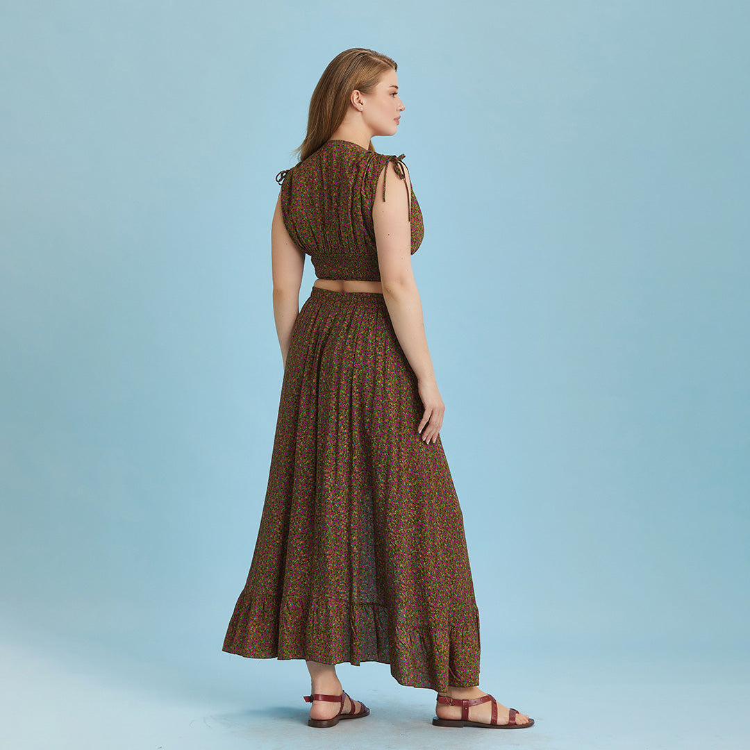 Split Front Frill Hem Print Long Gypsy Plus Size Skirt