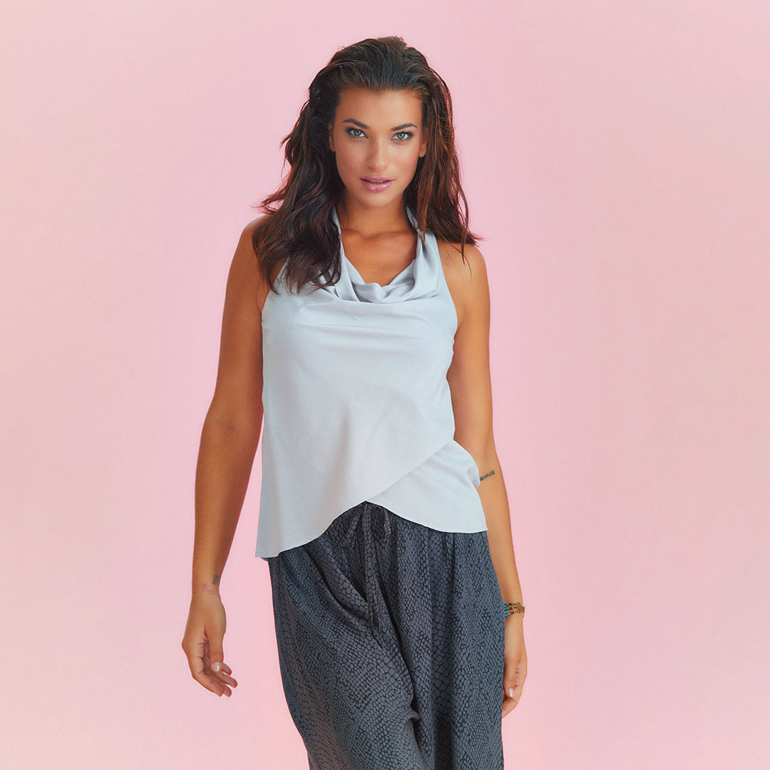 Bohemian Stylish Authentic Degaje Neck Light Grey Blouse
