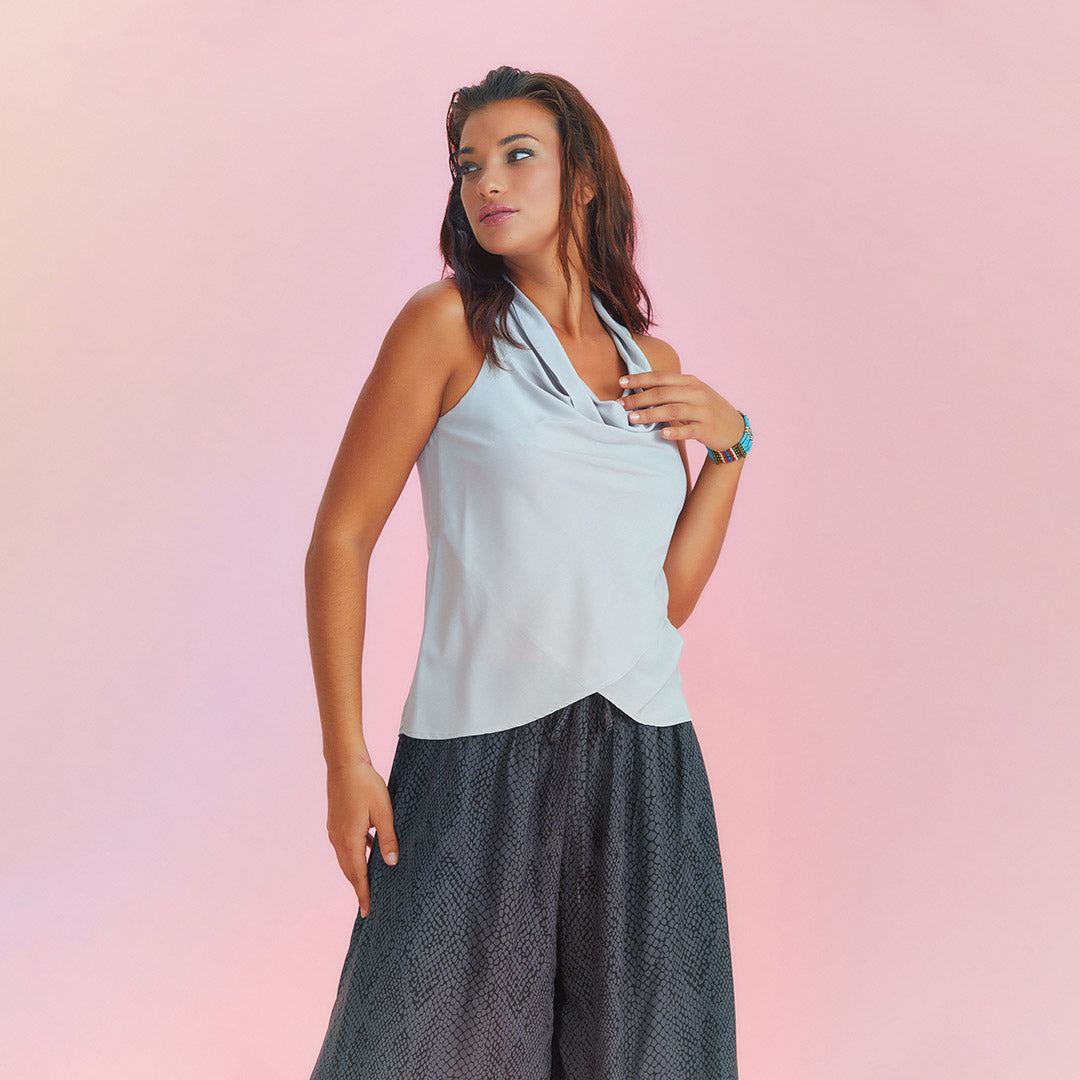 Bohemian Stylish Authentic Degaje Neck Light Grey Blouse
