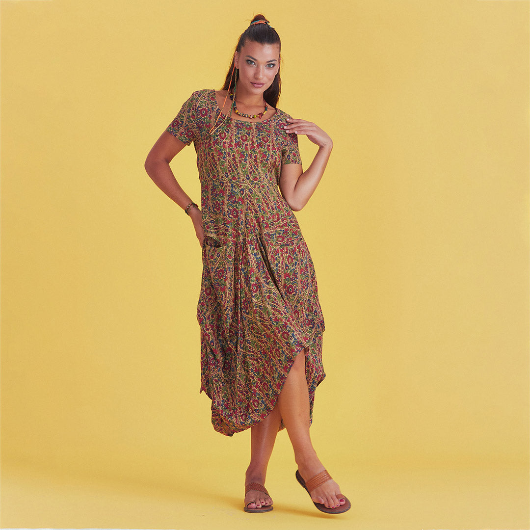 Authentic Pool Neck Half Sleeve Claret RedPattern Long Dress