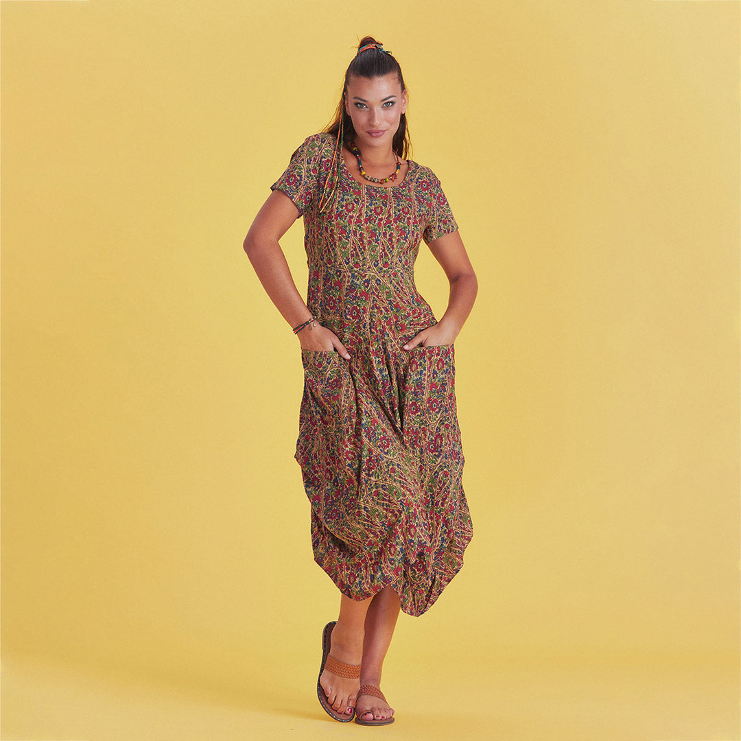 Authentic Pool Neck Half Sleeve Claret RedPattern Long Dress