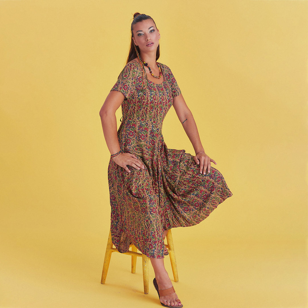 Authentic Pool Neck Half Sleeve Claret RedPattern Long Dress