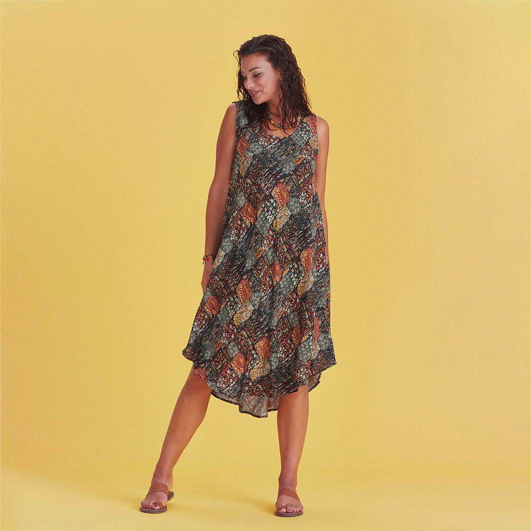 Khaki Patterned Scoop Neck Round Hem Sleeveless Dress