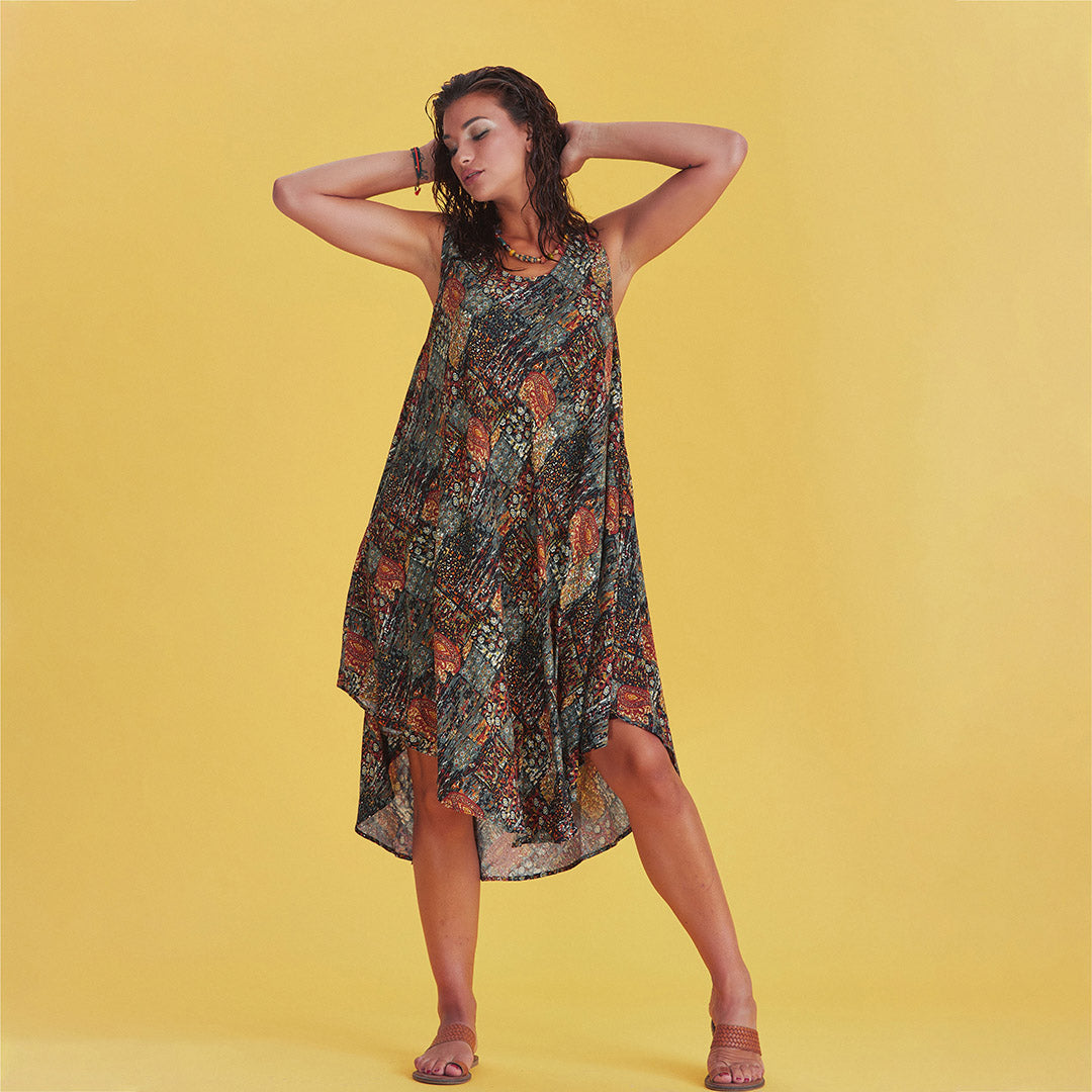 Khaki Patterned Scoop Neck Round Hem Sleeveless Dress
