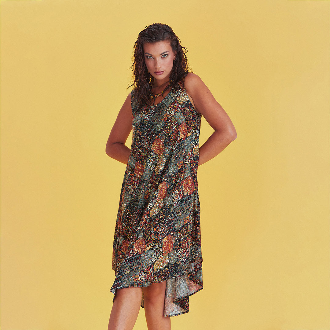Khaki Patterned Scoop Neck Round Hem Sleeveless Dress