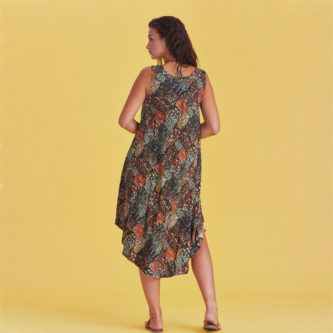 Khaki Patterned Scoop Neck Round Hem Sleeveless Dress