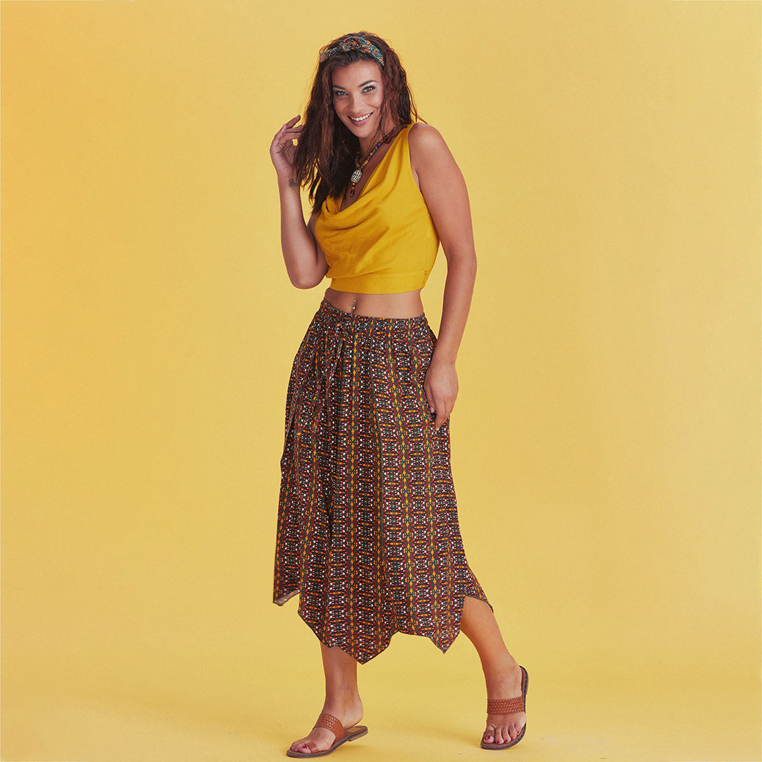 Mustard Patterned Bohemian Split Front Palazzo Pants