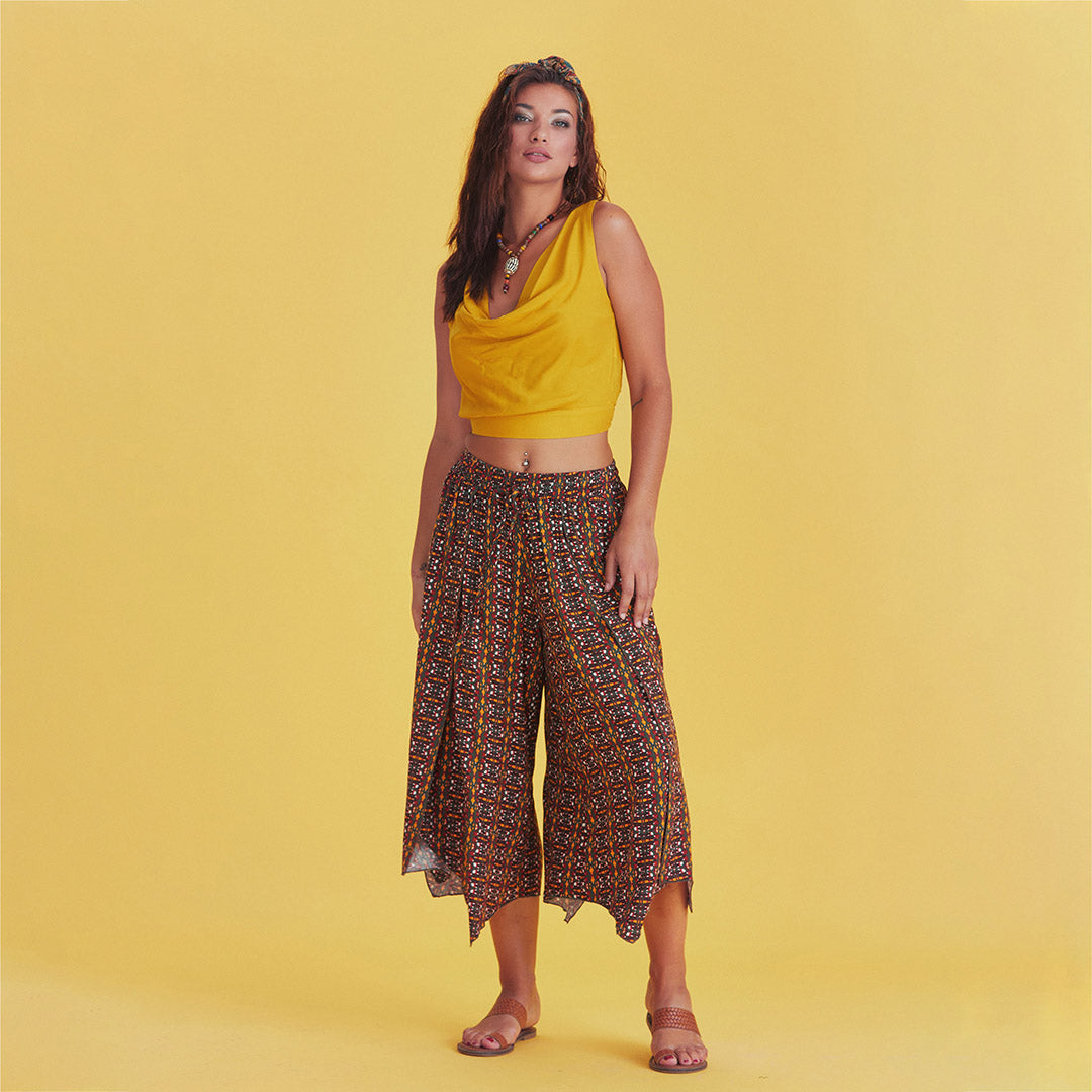 Mustard Patterned Bohemian Split Front Palazzo Pants