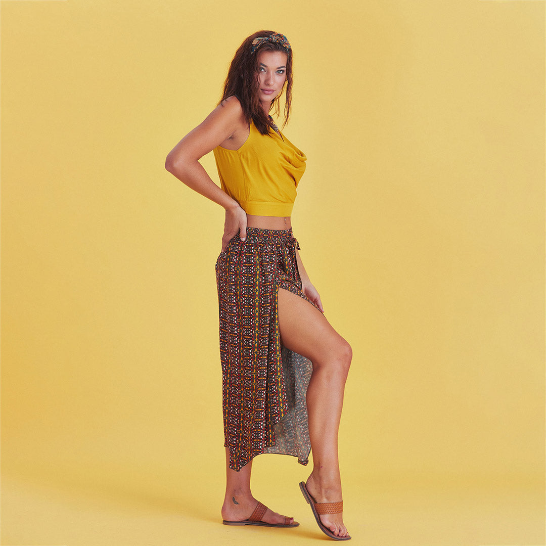 Mustard Patterned Bohemian Split Front Palazzo Pants