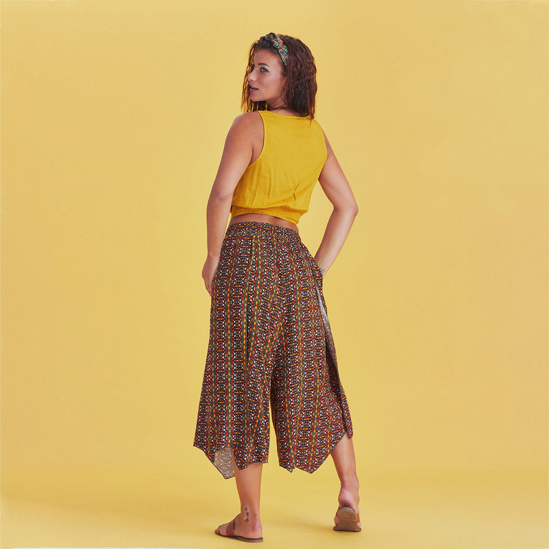 Mustard Patterned Bohemian Split Front Palazzo Pants