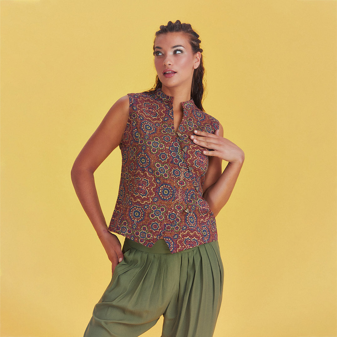 Sleeveless Square Button Down  Mandarin Collar Shirt Top