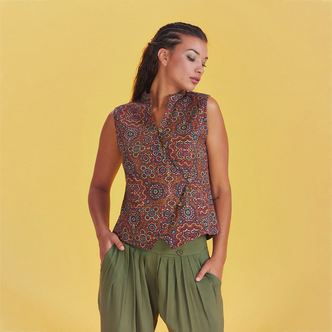 Sleeveless Square Button Down  Mandarin Collar Shirt Top