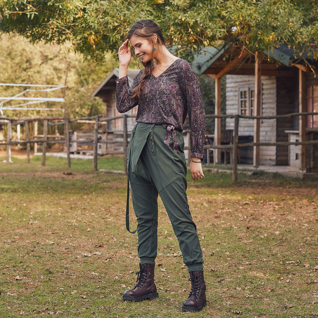 Elastic Ankle Cuffs Wrap Front Baggy Green Harem Pants