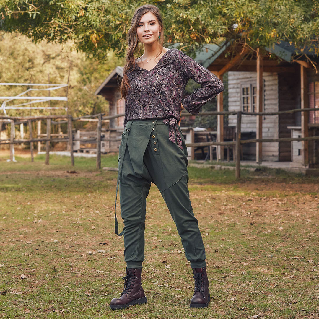 Elastic Ankle Cuffs Wrap Front Baggy Green Harem Pants