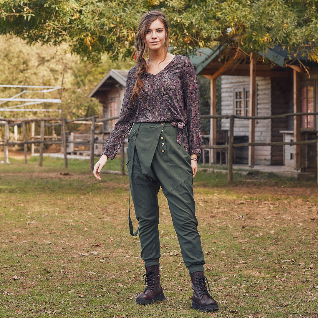 Elastic Ankle Cuffs Wrap Front Baggy Green Harem Pants