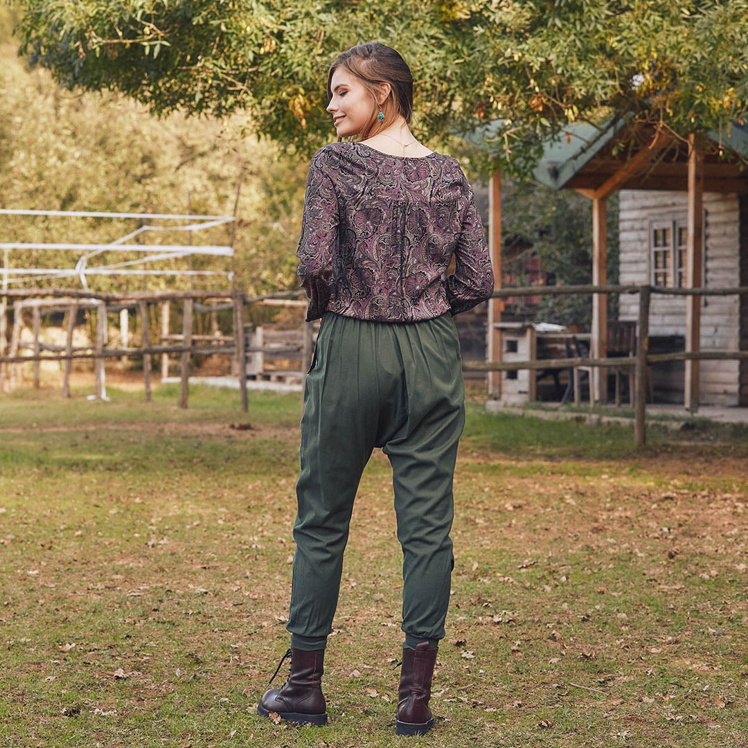 Elastic Ankle Cuffs Wrap Front Baggy Green Harem Pants