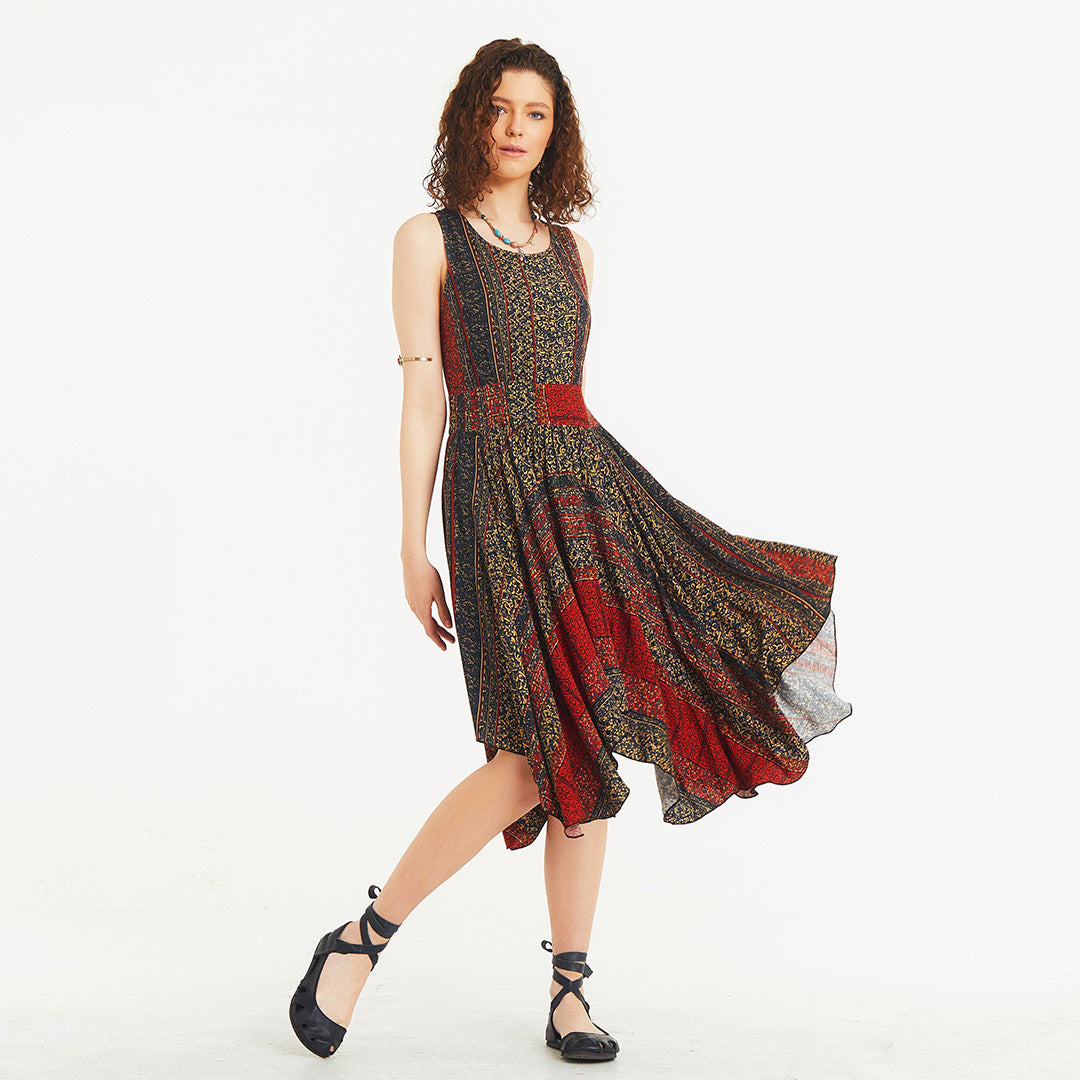 Asymmetrical Skirt Detail Etnic Print Dress