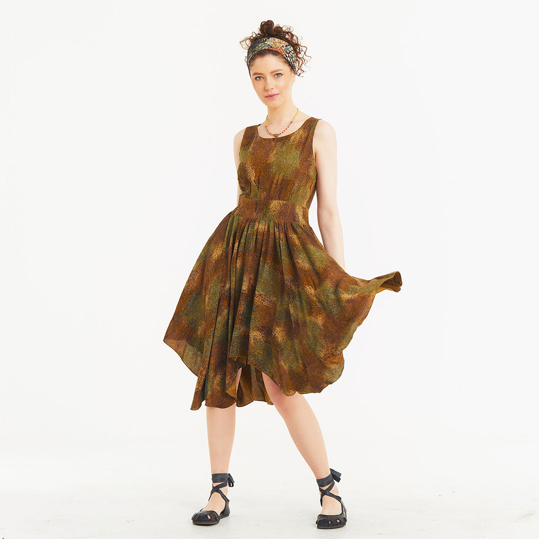 Asymmetrical Skirt Detail Khaki Print Dress