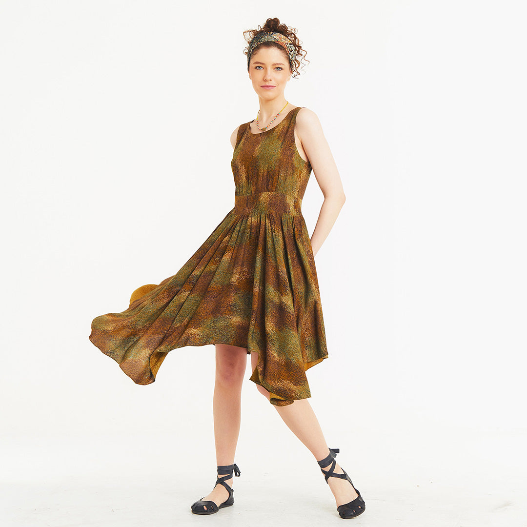 Asymmetrical Skirt Detail Khaki Print Dress