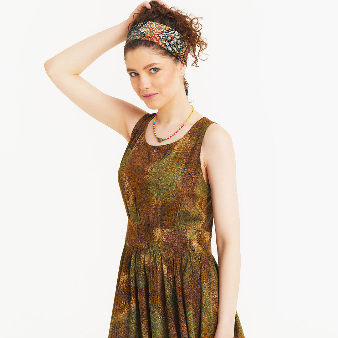 Asymmetrical Skirt Detail Khaki Print Dress