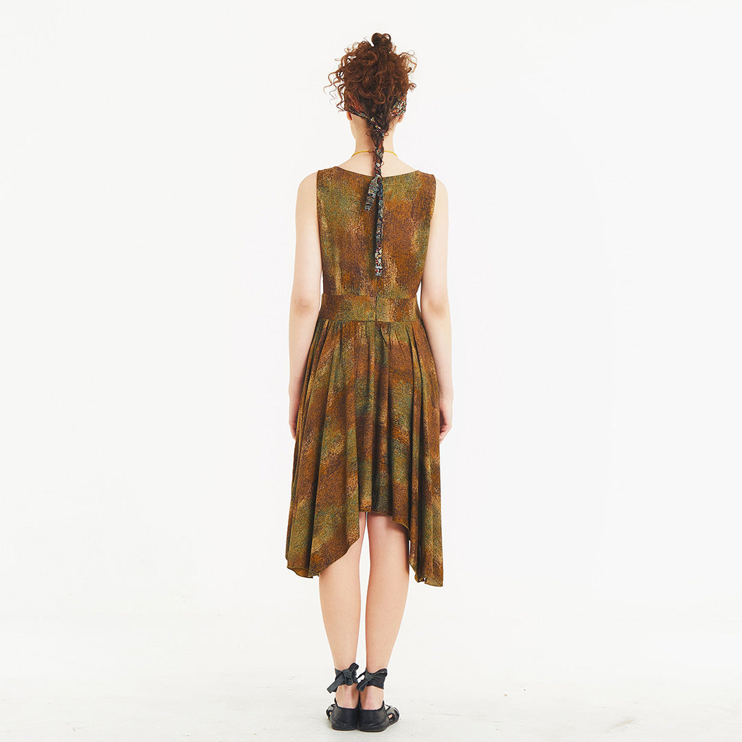Asymmetrical Skirt Detail Khaki Print Dress