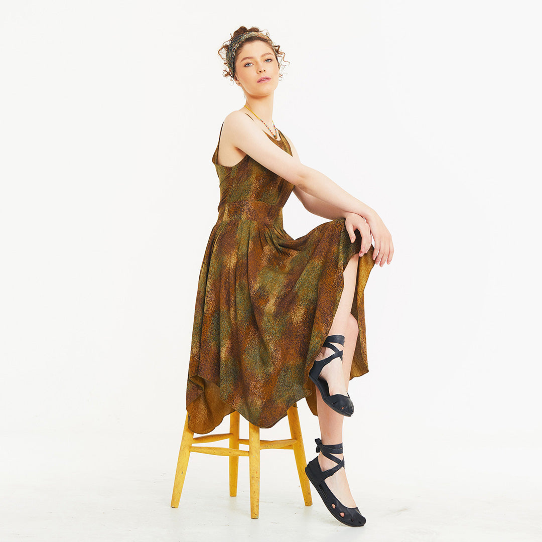 Asymmetrical Skirt Detail Khaki Print Dress