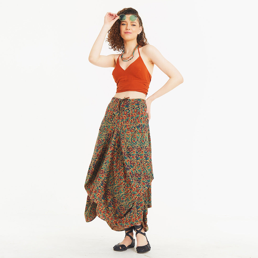 Ethnic Print Oversized Pocket Long Boho Skirt