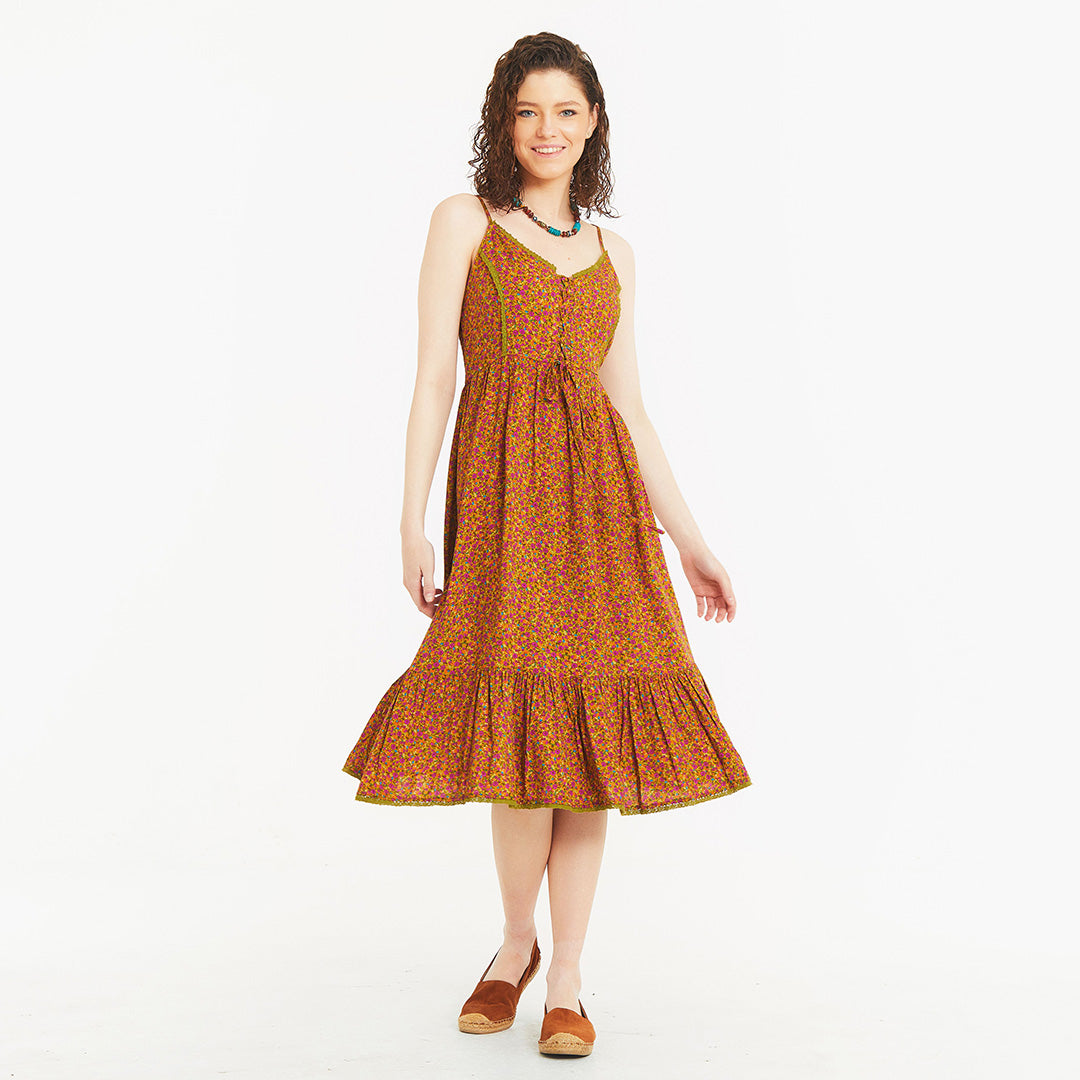 Criss Cross Front Detail Strappy Green Floral Laced Dress