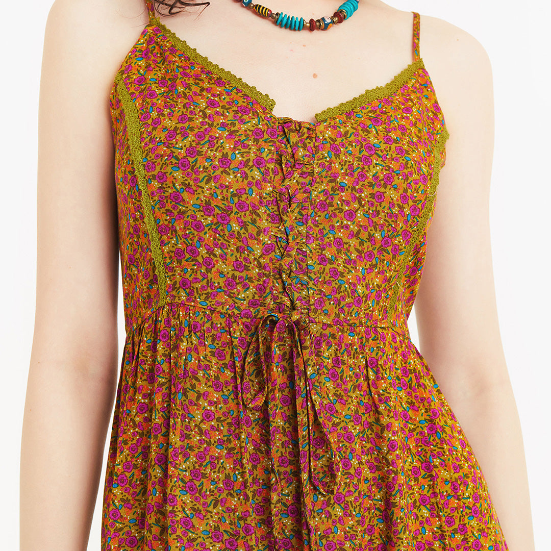 Criss Cross Front Detail Strappy Green Floral Laced Dress
