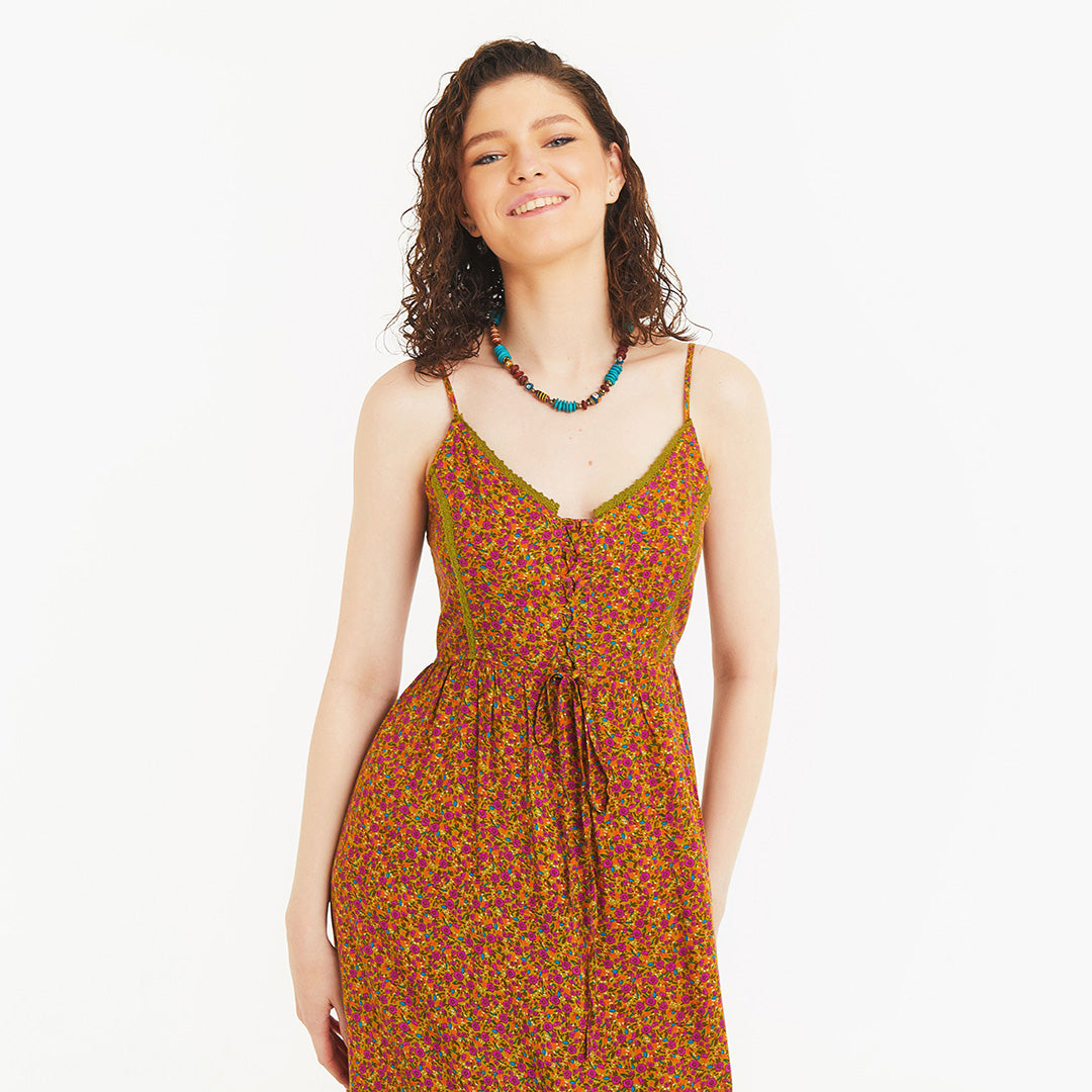 Criss Cross Front Detail Strappy Green Floral Laced Dress