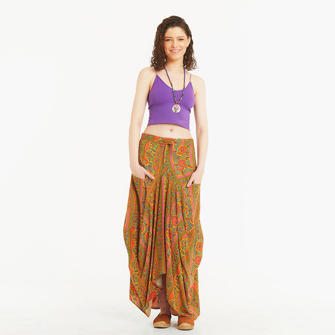 Tie Waist Pocket Detail Orange Long Skirt