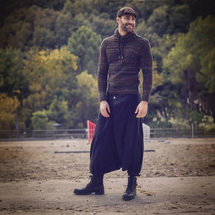Wrap Front Elastic Waist Boho Mens Black Harem Pants