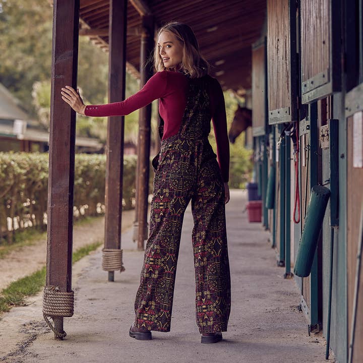 Ethnic Patterned Adjustable Buckle Straps Jumpsuit Pants