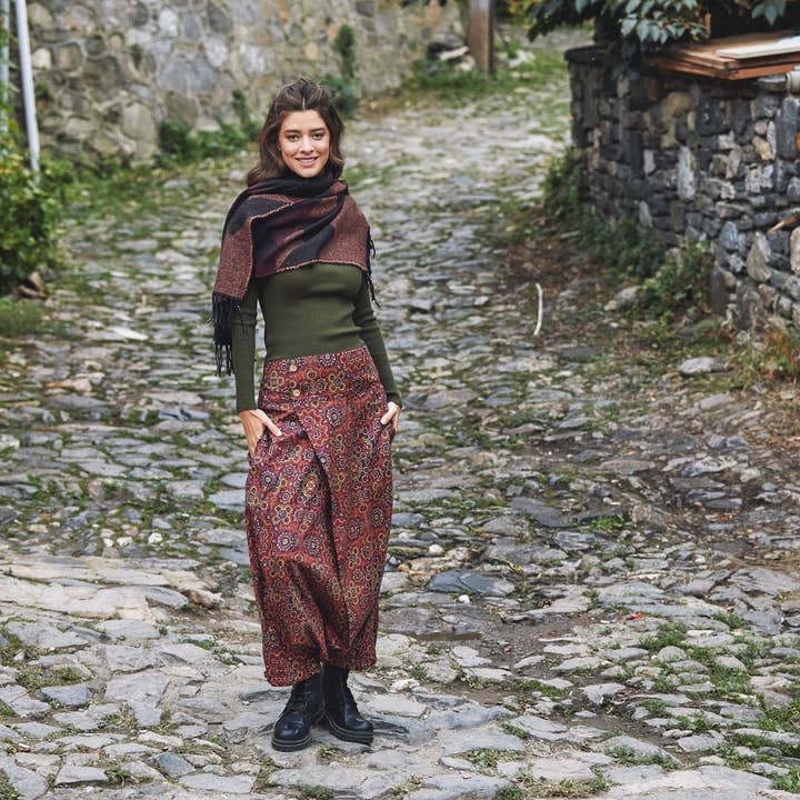 Retro Print Elastic WaistWrap Front Detail Bohem Harem Pant
