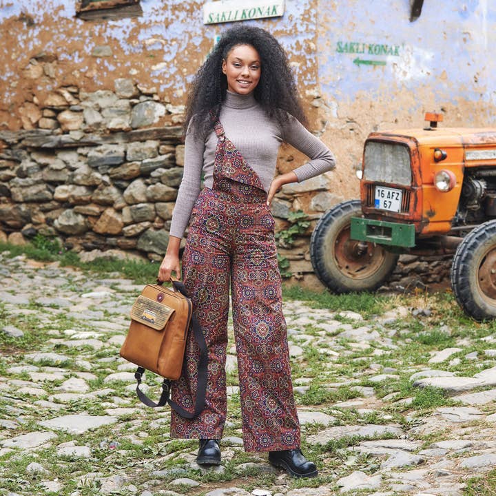 Retro Print Adjustable Buckle Straps Boho Jumpsuit Pants