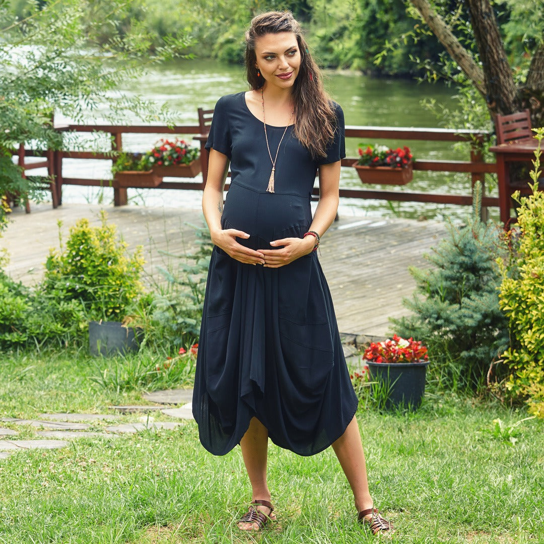 Half Sleeve Round Neck Black Long Bohemian Maternity Dress
