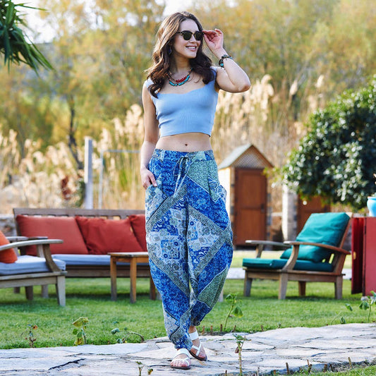 Blue Print Elastic Waist Bohemian Style Baggy Pants