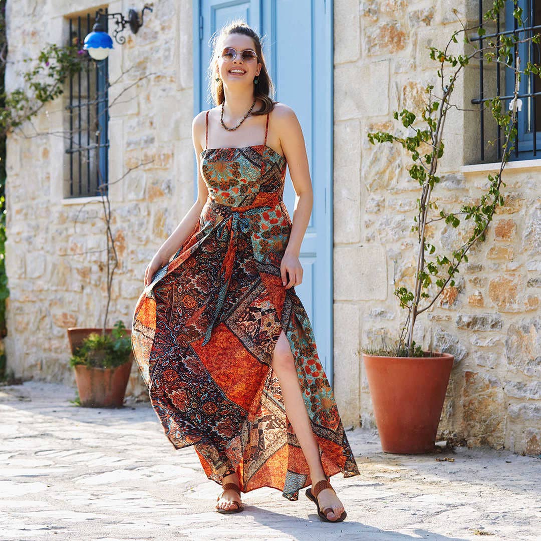 Brown Patterned Strappy Wrap Maxi Dress