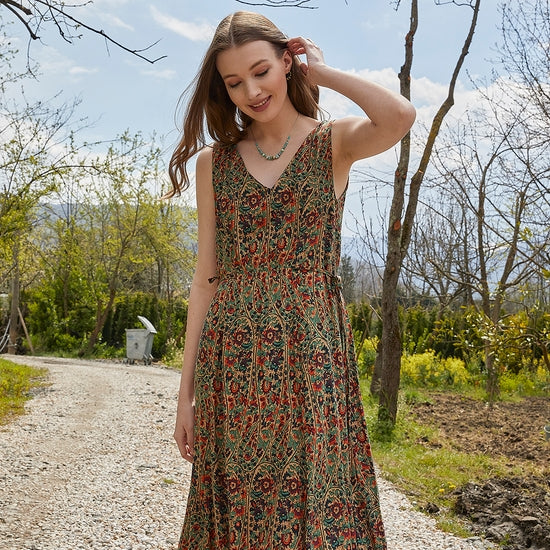 Authentic Green Patterned Boho Chic Summer Day Dress
