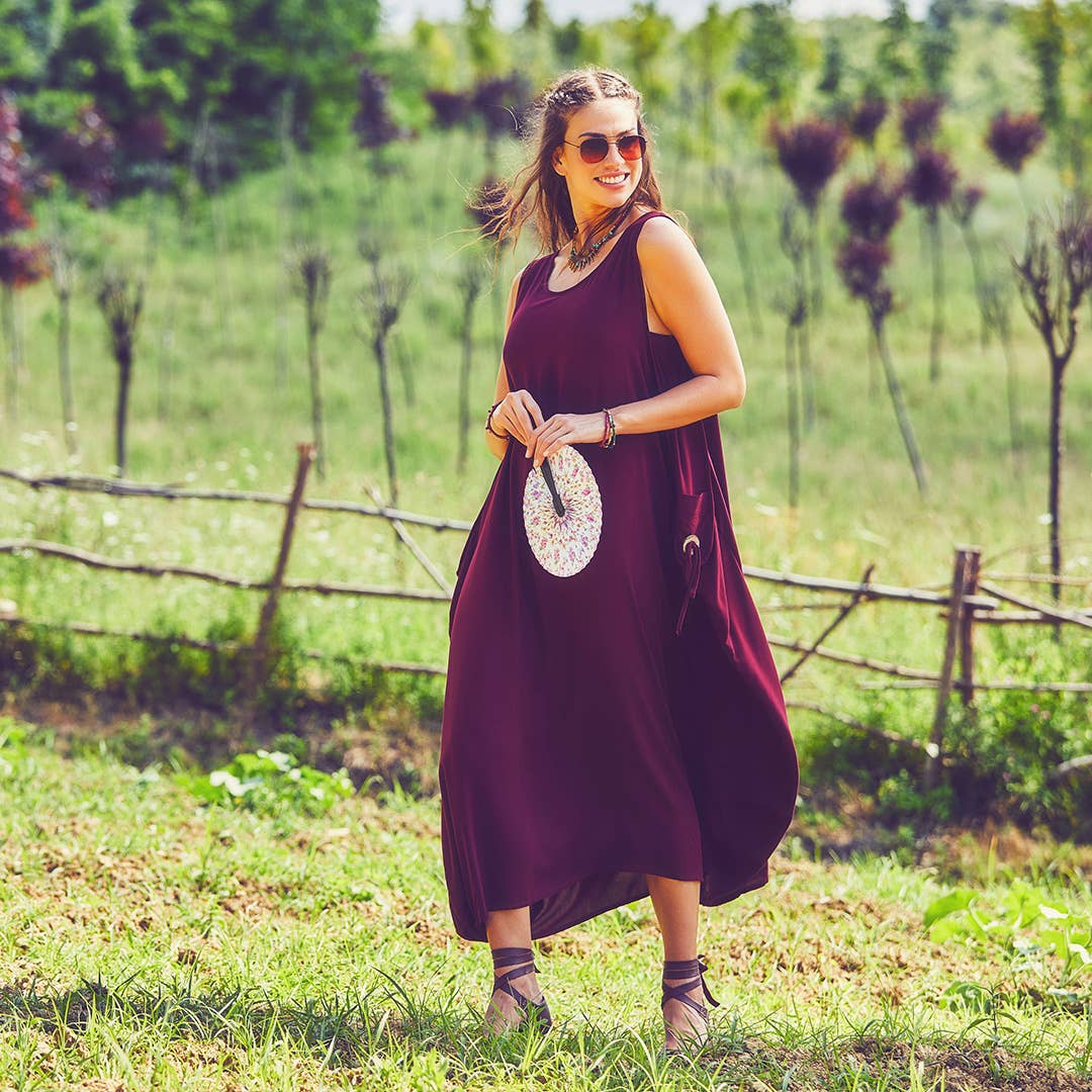 Bohemian Syle Scoop Neck Maxi Red Dress