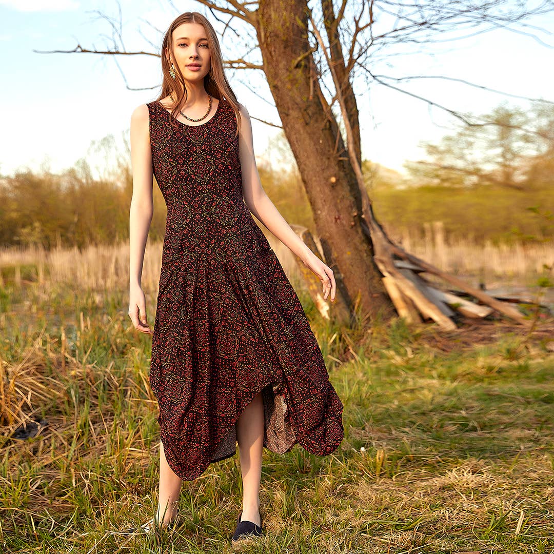 Red Patterned Sleeveless Paisley Tie Waist Dress