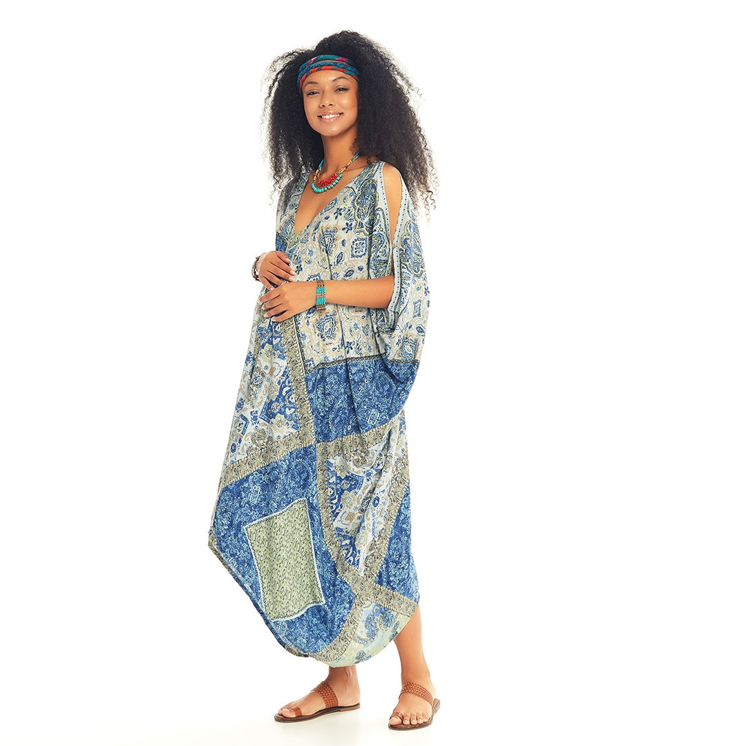 Loose Fit Blue Print Boho Maternity Dress